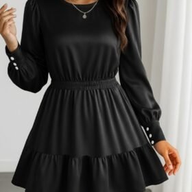 Kadın Uzun Kollu Bisiklet Yaka Beli Lastikli Fırfırlı Ithal Krep Elbise