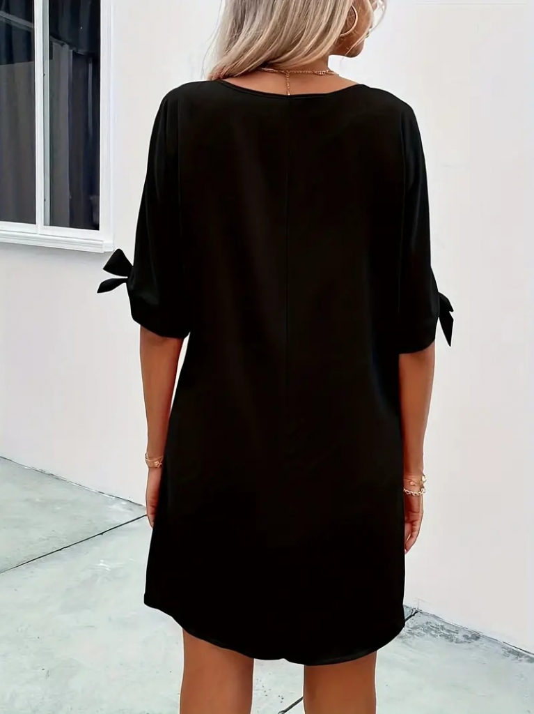 Kadın Kısa Kollu Kolu Bağlamalı Yakası Açık Janjan Elbise - Görsel 4