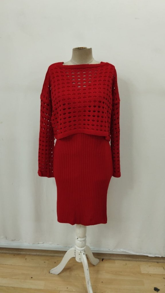 Kadın Uzun Kollu Delikli Kazak Askılı Elbise Triko Ikili Takım - Görsel 4