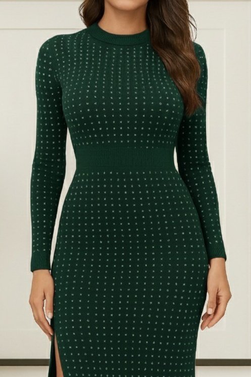 Kadın Uzun Kollu Bisiklet Yaka Taşlı Midi Kadife Elbise - Görsel 2