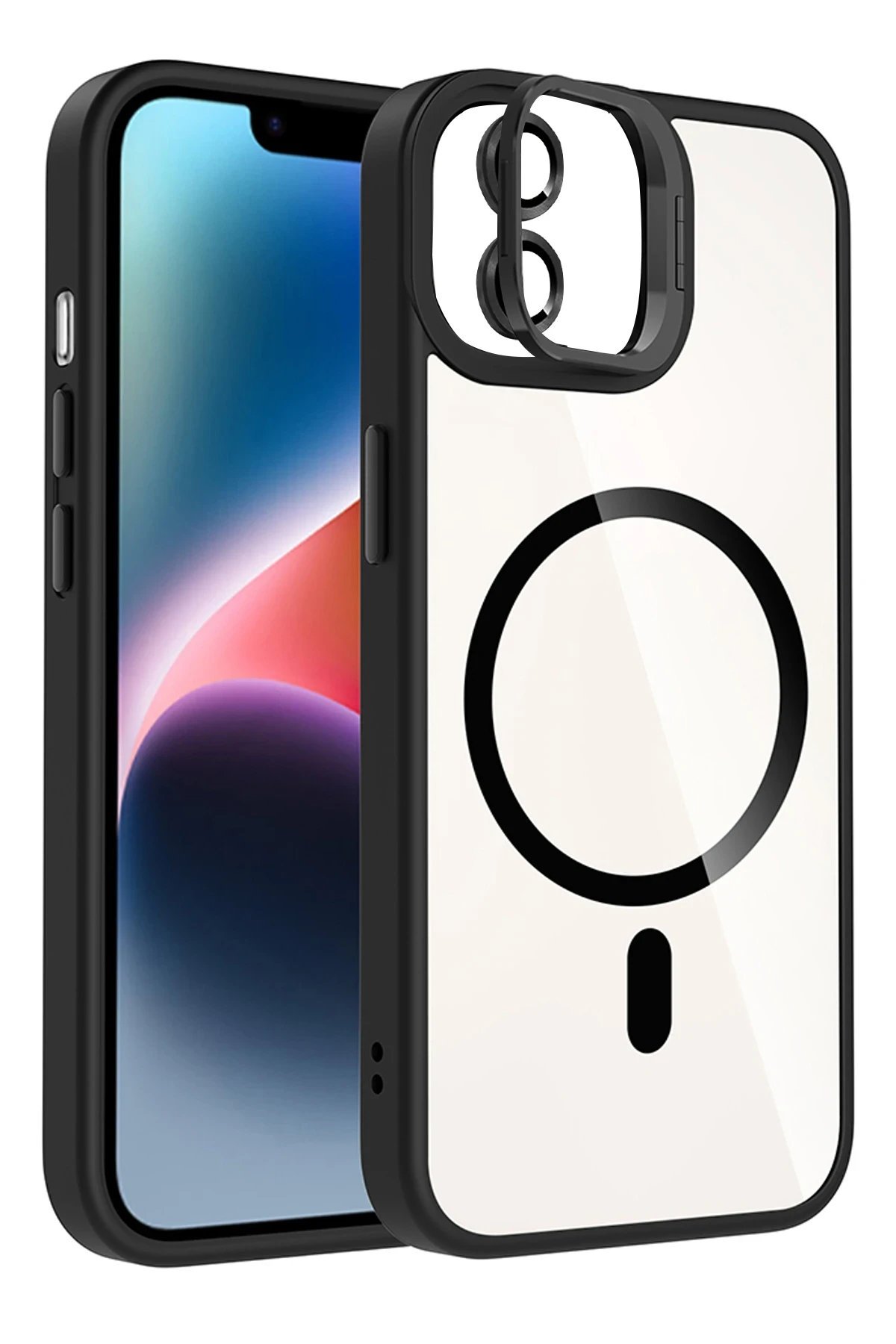 Apple iPhone 11 Remim Lensli Magsafe Standlı Kapak - Siyah-(5796)