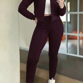 Kadın Uzun Kollu önden Fermuarlı Kısa Modal Mor Ceket Ve Pantolon Ikili Takım