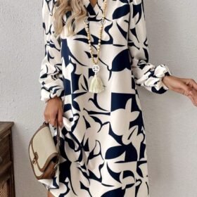 Kadın Uzun Kollu V Yakalı Desenli Modal Mini Elbise