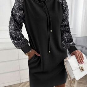 Kadın Uzun Kollu Pulpayetli Bağcıklı Cep Detaylı Mini Viskon Iki Iplik Elbise