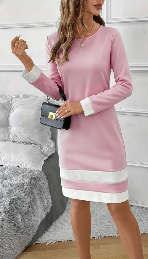 Kadın Uzun Kollu Yuvarlak Yaka Etek Ucu şerit Detaylı Mini Dalgıç Elbise - Görsel 2