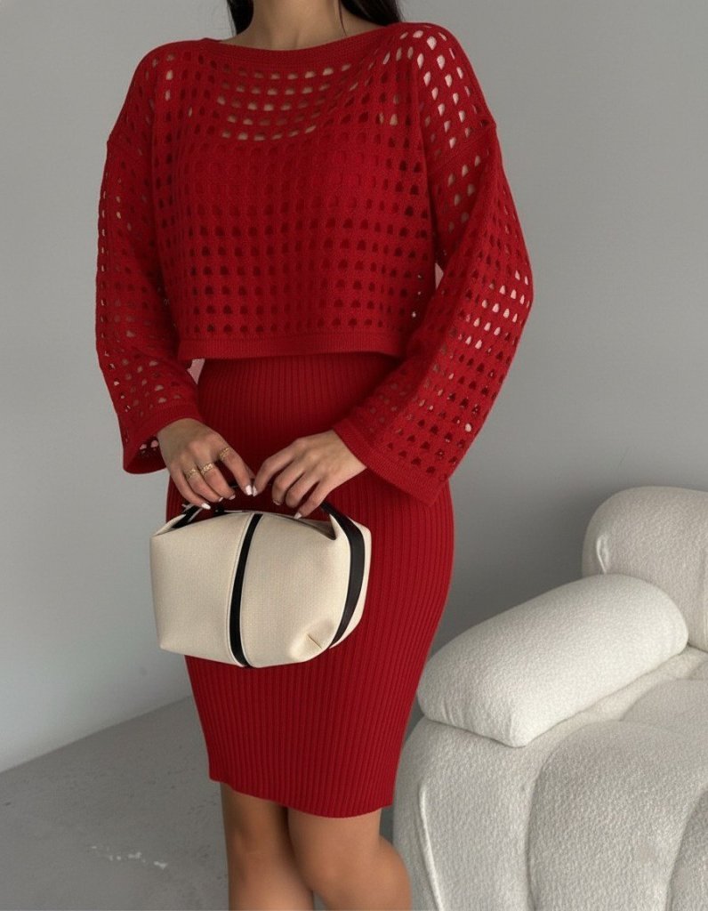 Kadın Uzun Kollu Delikli Kazak Askılı Elbise Triko Ikili Takım - Görsel 2