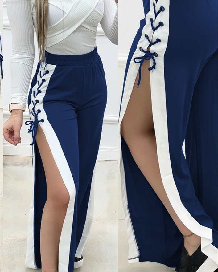 Kadın Yüksek Bel Yandan çapraz Bağcıklı Yırtmaçlı Viskon Iki Iplik Pantolon - Görsel 2