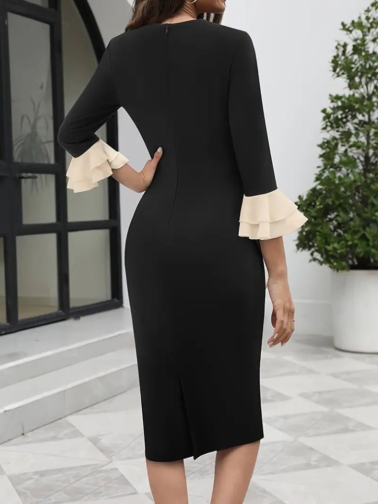 Kadın Truvakar Kollu Fiyonk Yakalı Midi Ithal Krep Elbise - Görsel 4