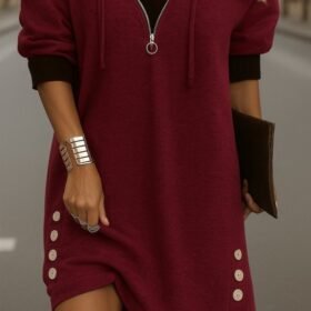 Kadın Uzun Kollu Kapşonlu önden Fermuarlı Düğmeli Mini Iki Iplik Elbise