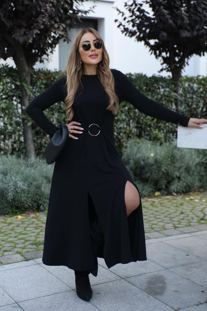 Kadın Uzun Kollu Bisiklet Yaka önden Halka Detaylı Yırtmaçlı Uzun Viskon Iki Iplik Elbise - Görsel 2