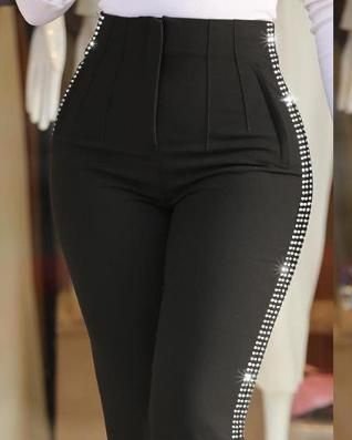 Kadın Yüksek Bel Yanlardan Taş Detaylı Ithal Krep Pantolon - Görsel 2