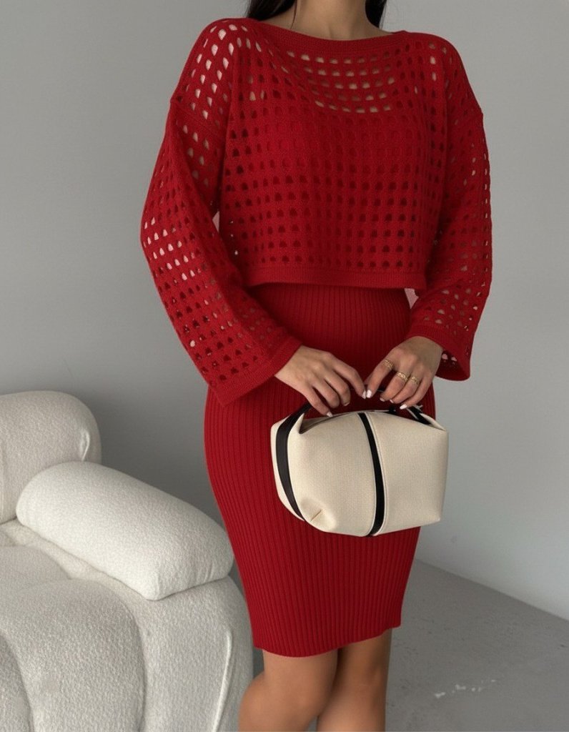 Kadın Uzun Kollu Delikli Kazak Askılı Elbise Triko Ikili Takım - Görsel 3