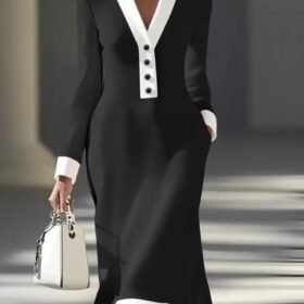 Kadın Uzun Kollu V Yakalı Düğmeli Midi Modal Elbise