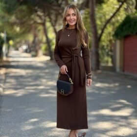 Kadın Uzun Kollu Bisiklet Yaka Yandan Bağlamalı Uzun Modal Elbise