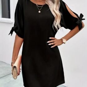 Kadın Kısa Kollu Kolu Bağlamalı Yakası Açık Janjan Elbise