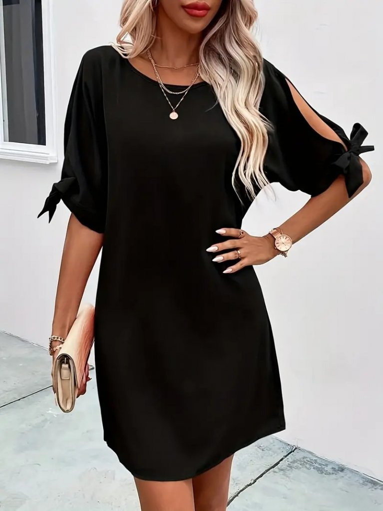 Kadın Kısa Kollu Kolu Bağlamalı Yakası Açık Janjan Elbise