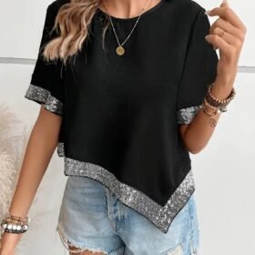 Kadın Kısa Kollu Bisiklet Yaka Asimetrik Kesim Detaylı Pul Payetli Krep Bluz