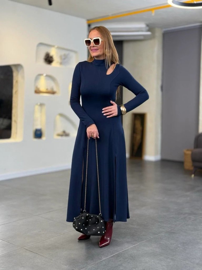 Kadın Balıkçı Yaka Damla Detaylı Yırtmaçlı Uzun Viskon Iki Iplik Maxi Elbise - Görsel 4