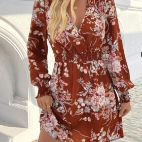 Kadın Uzun Kollu Kruvaze Yakalı çiçek Desenli Mini Süprem Elbise