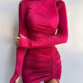 Kadın Uzun Kollu Balıkçı Yaka Büzgü Ve Gül Detay Kadife Kumaş Mini Elbise