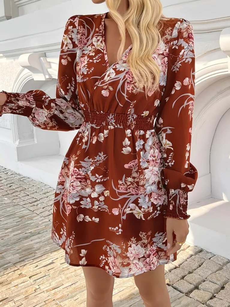 Kadın Uzun Kollu Kruvaze Yakalı çiçek Desenli Mini Süprem Elbise - Görsel 2