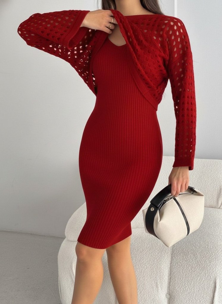 Kadın Uzun Kollu Delikli Kazak Askılı Elbise Triko Ikili Takım