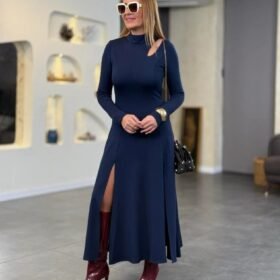 Kadın Balıkçı Yaka Damla Detaylı Yırtmaçlı Uzun Viskon Iki Iplik Maxi Elbise