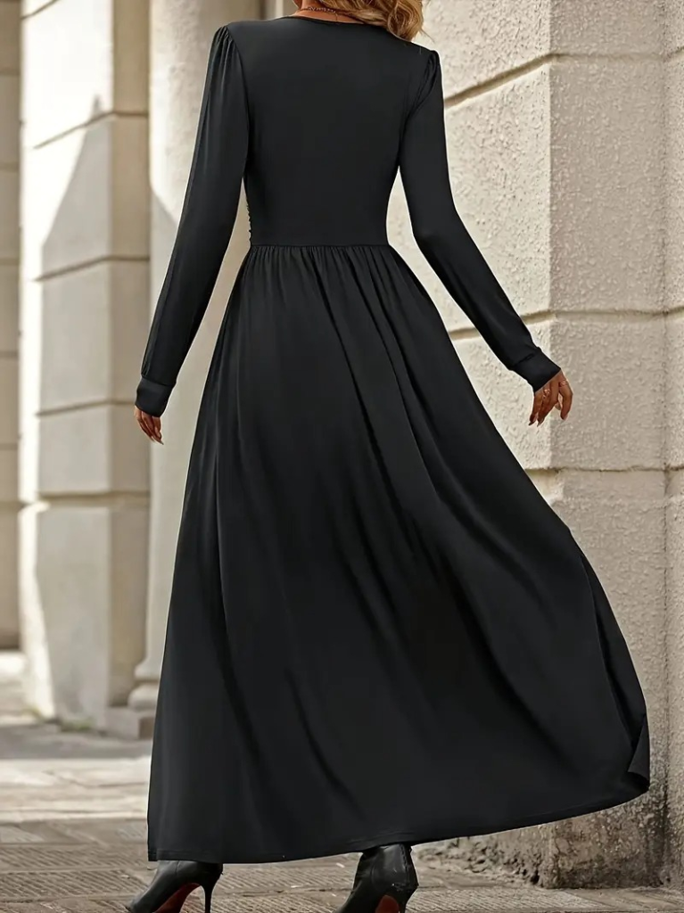 Kadın Uzun Kollu V Dantel Yakalı Yırtmaçlı Uzun Sandy Elbise - Görsel 4