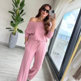 Kadın Uzun Kollu Tek Omuzdan Açık Dalgıç Bluz Ve Pantolon Ikili Takım